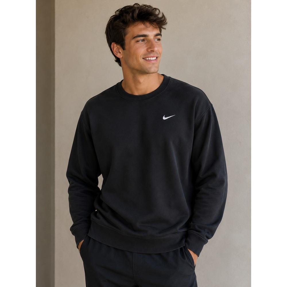 Nike Sportswear Club Fleece Crewneck Sweatshirt Black Embroidered Swoosh Large